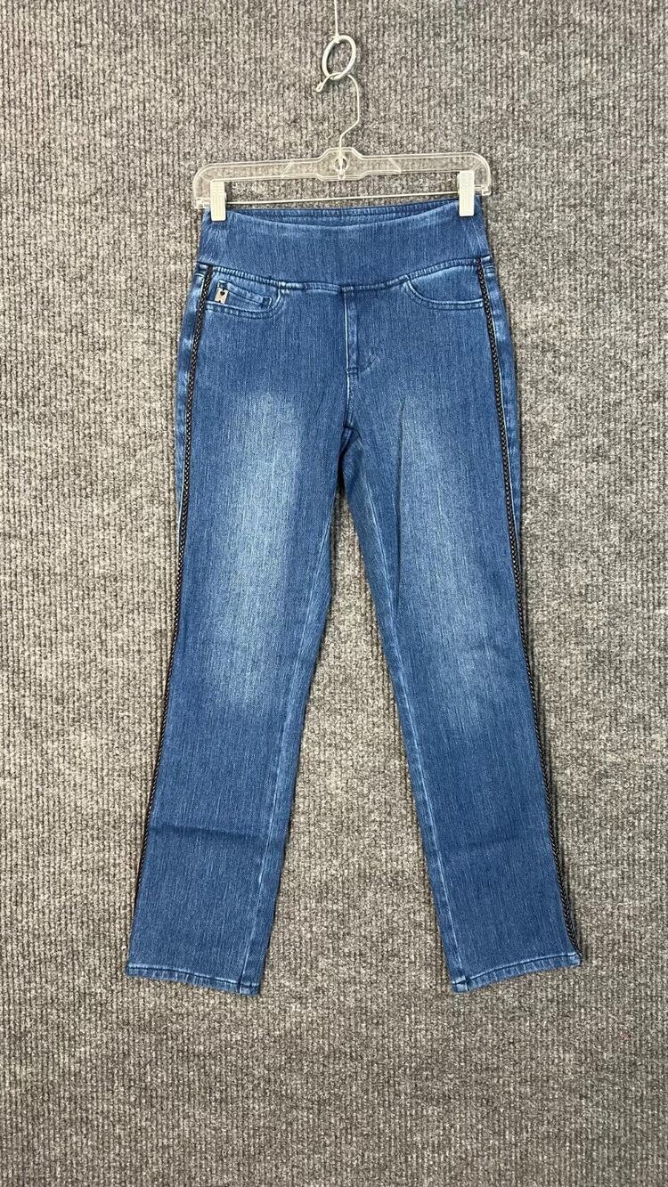 Belle Kim Gravel Jeans Womens 0 Petite Blue Braided Trim Straight Leg Flexibelle
